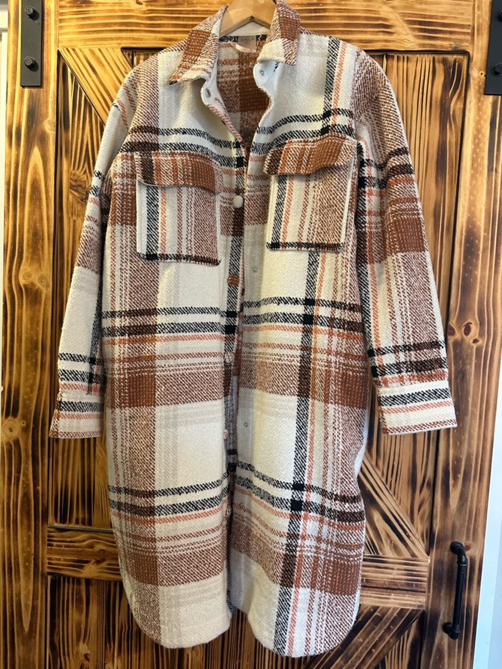 CALIA by Carrie Underwood Cream & Brown Plaid Long Shacket